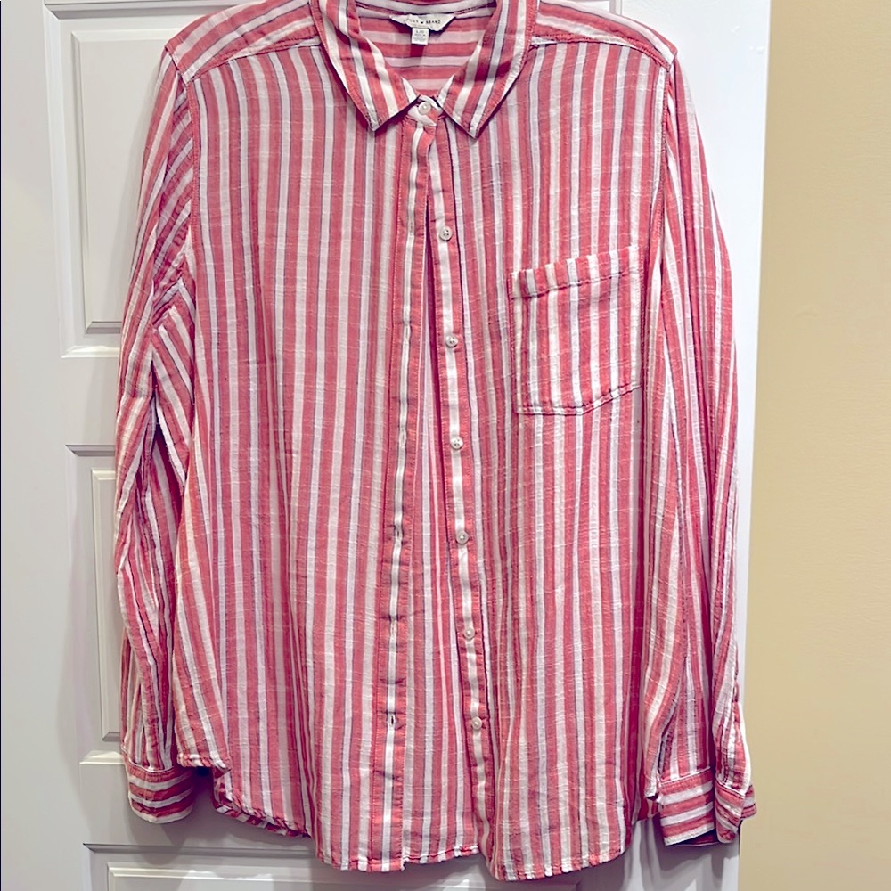 Lucky Brand Women’s Red and White Striped Shirt size L